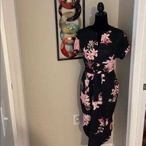 V-Neck Floral Print Geometric Pattern Belted Dress